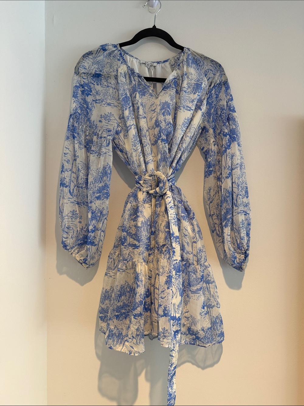 Blue and Cream Toile Long-Sleeve Tie-Waist Dress